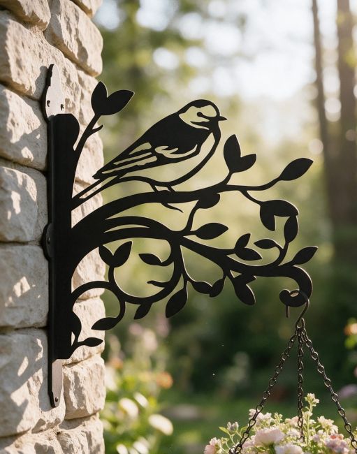 Pied Wagtail on Branches Steel Hanging Basket Bracket