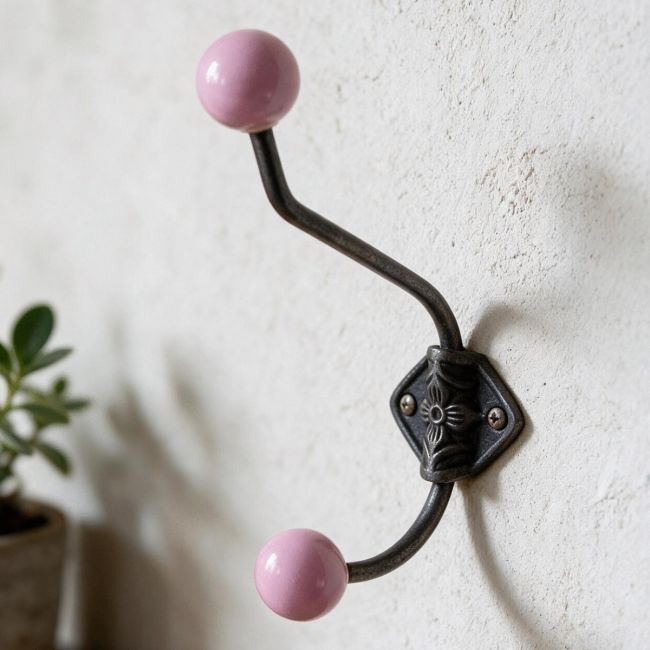 Large Iron Coat Hook With Pink Ceramic Tips