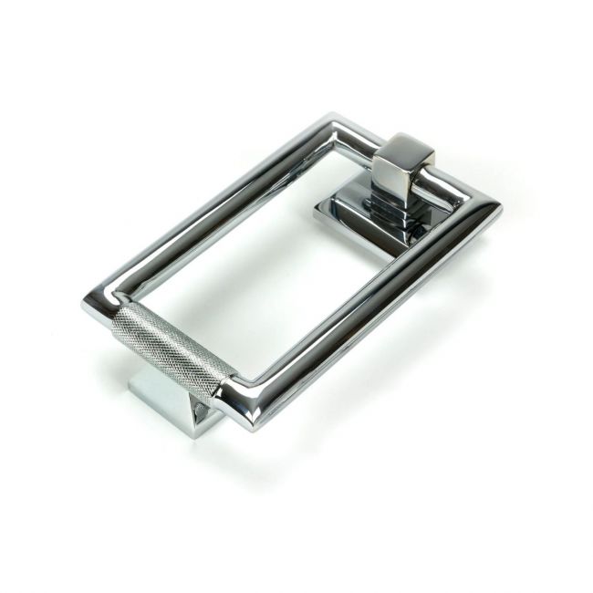 The Polished Chrome Modern Knurled Rectangular Door Knocker on a White Background The Polished Chrome Modern Knurled Rectangular Door Knocker on a White Background