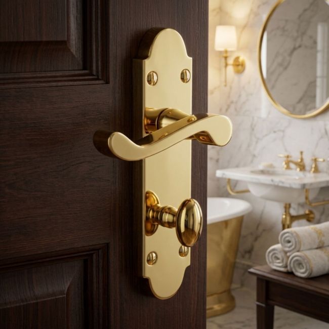 The Polished Brass Arched Backplate Bathroom Door Handles - Privacy Scroll Lever Pair on a White Background The Polished Brass Arched Backplate Bathroom Door Handles - Privacy Scroll Lever Pair on a White Background