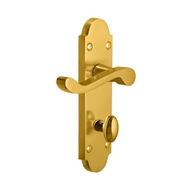 The Polished Brass Arched Backplate Bathroom Door Handles - Privacy Scroll Lever Pair on a White Background The Polished Brass Arched Backplate Bathroom Door Handles - Privacy Scroll Lever Pair on a White Background
