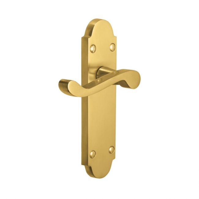 The Polished Brass Arched Backplate Door Handles - Victorian Scroll Latch Pair on a White Background The Polished Brass Arched Backplate Door Handles - Victorian Scroll Latch Pair on a White Background