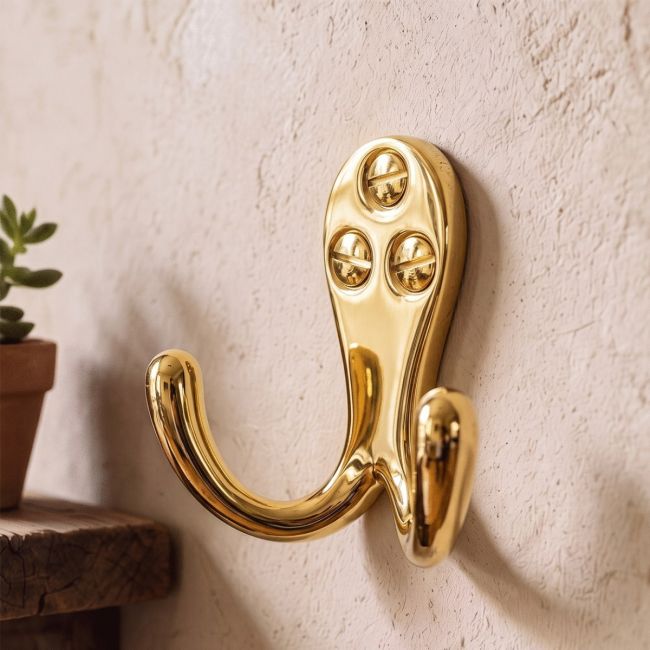 Polished Brass Double Pronged Coat Hook