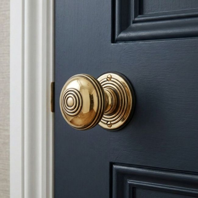 The Polished Brass Ridged Door Knob Set on a Classic Blue Door with a White Frame - Digital Illustration The Polished Brass Ridged Door Knob Set on a Classic Blue Door with a White Frame - Digital Illustration