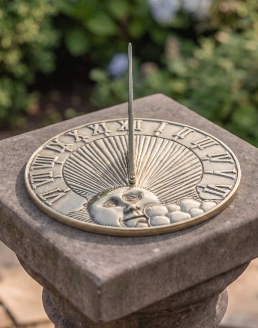 The Polished Brass "Rising Run" Sundial on a Sunny Stone Garden Pillar - Digital Illustration The Polished Brass "Rising Run" Sundial on a Sunny Stone Garden Pillar - Digital Illustration