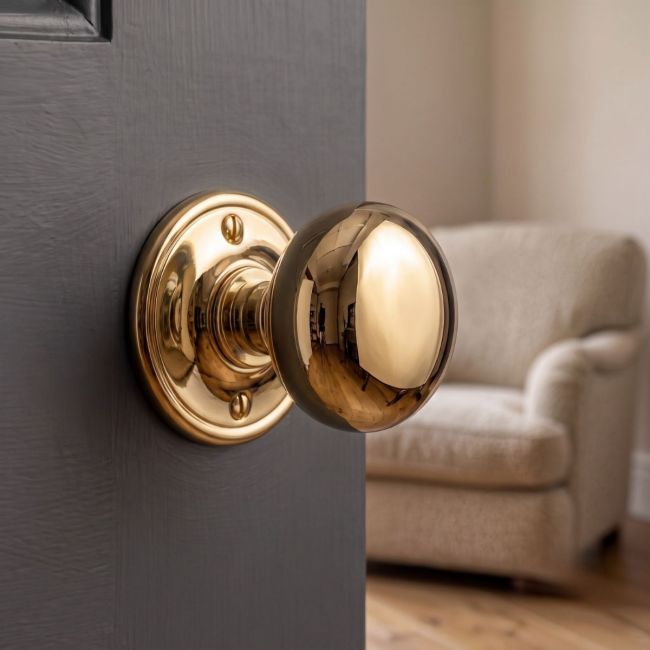 Polished Brass Mushroom Door Knobs with a Threaded Spindle Polished Brass Mushroom Door Knobs with a Threaded Spindle