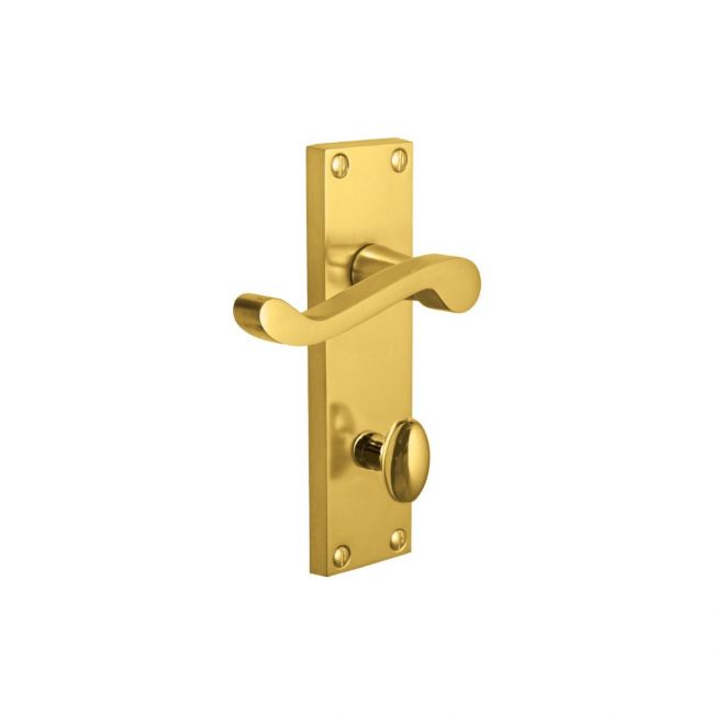 The Polished Brass Victorian Scroll Bathroom Door Handles - 150mm Lever Lock Pair on a white Background The Polished Brass Victorian Scroll Bathroom Door Handles - 150mm Lever Lock Pair on a white Background