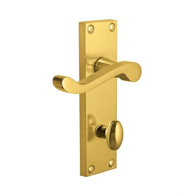 The Polished Brass Victorian Scroll Bathroom Door Handles - 150mm Lever Lock Pair on a white Background 