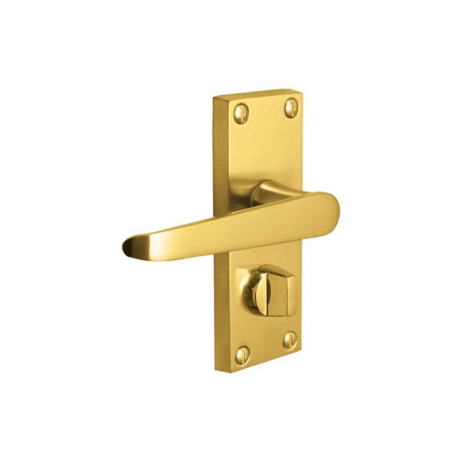The Polished Brass Victorian Straight Bathroom Door Handles - Lever Lock Pair with Thumb Turn on a White Background