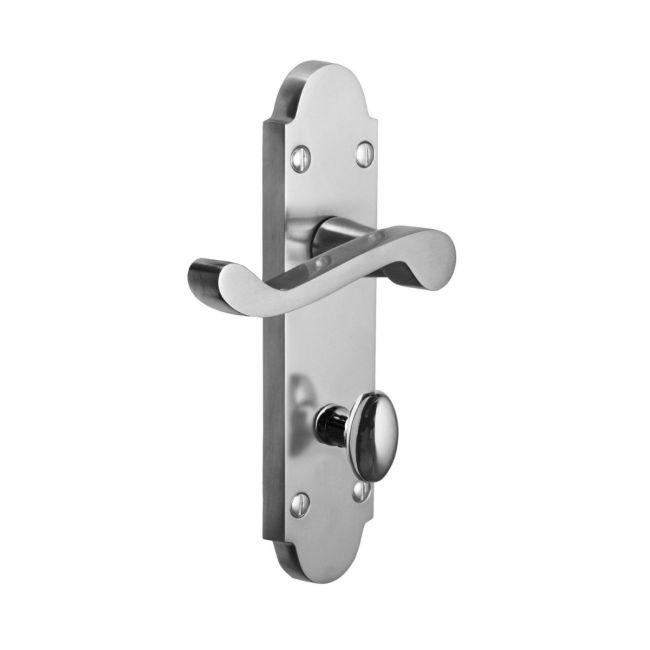 The Polished Chrome Arched Backplate Bathroom Door Handles - Privacy Scroll Lever Pair on a White Background The Polished Chrome Arched Backplate Bathroom Door Handles - Privacy Scroll Lever Pair on a White Background