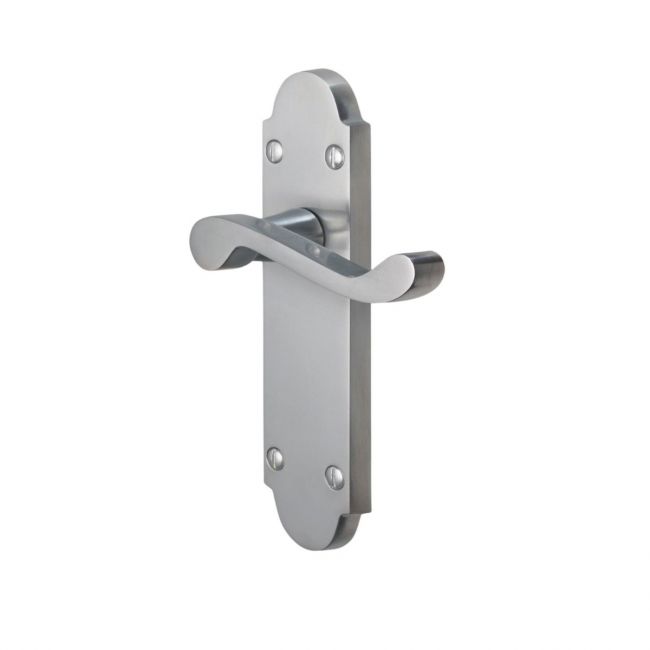 The Polished Chrome Arched Backplate Door Handles - Victorian Scroll Latch Pair on a White Background The Polished Chrome Arched Backplate Door Handles - Victorian Scroll Latch Pair on a White Background