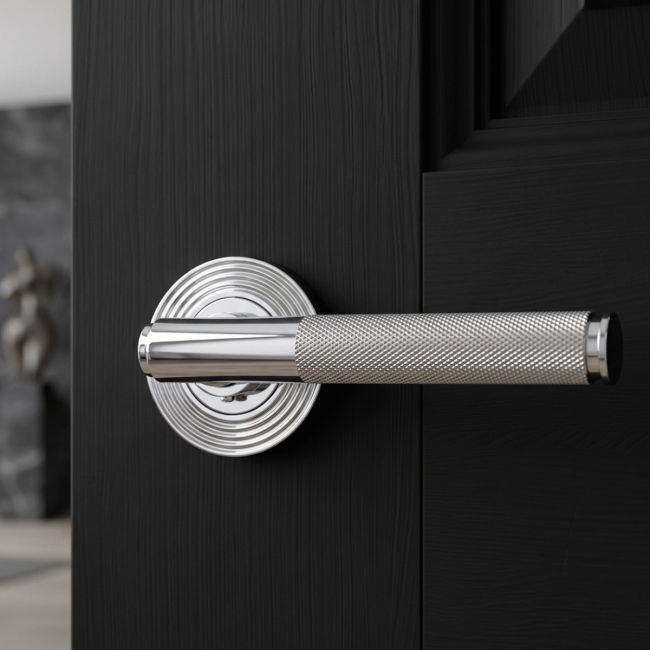The Polished Chrome Knurled Lever on Beehive Rose Set on a White Background 