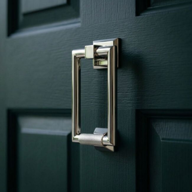 The Polished Chrome Modern Knurled Rectangular Door Knocker on a White Background The Polished Chrome Modern Knurled Rectangular Door Knocker on a White Background