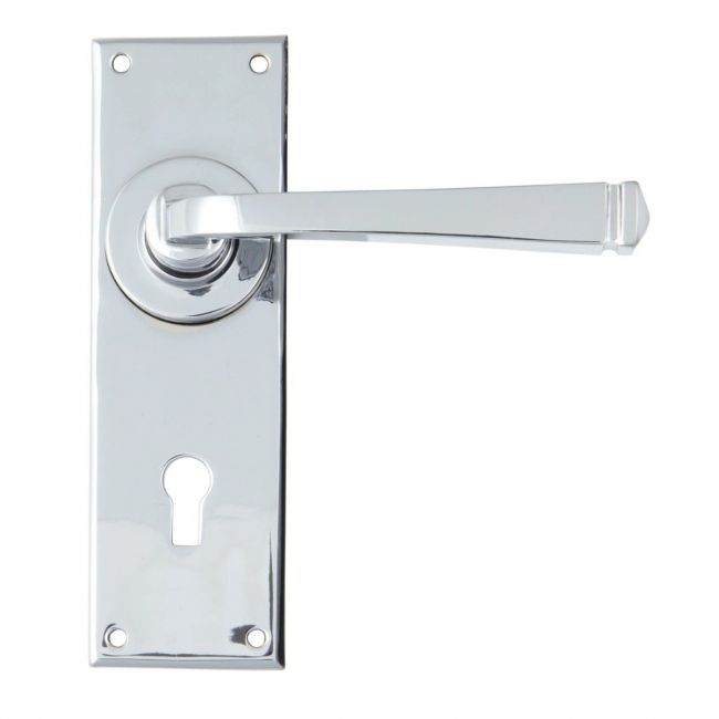 Sleek Architectural Lever Lock Door Handle Set on Plain Backplate - Polished Chrome
