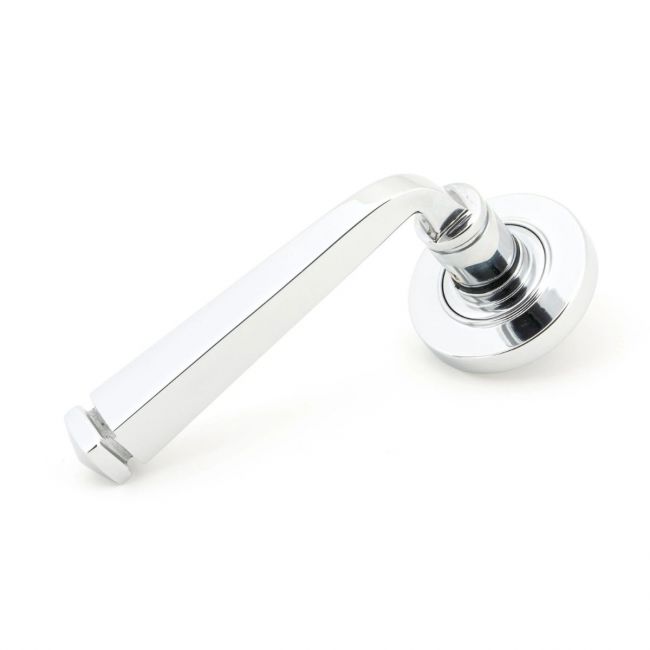 The Polished Chrome Tapered Lever on Plain Rose Set on a White Background The Polished Chrome Tapered Lever on Plain Rose Set on a White Background