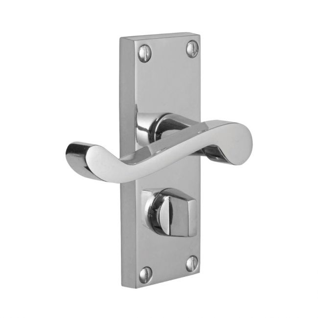 The Polished Chrome Victorian Scroll Bathroom Door Handles - Lever Lock Pair with Thumb Turn on a White Background