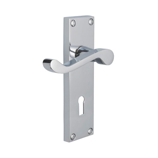 The Polished Chrome Victorian Scroll Lock Door Handles - 150mm Keyhole Lever Pair on a White Background