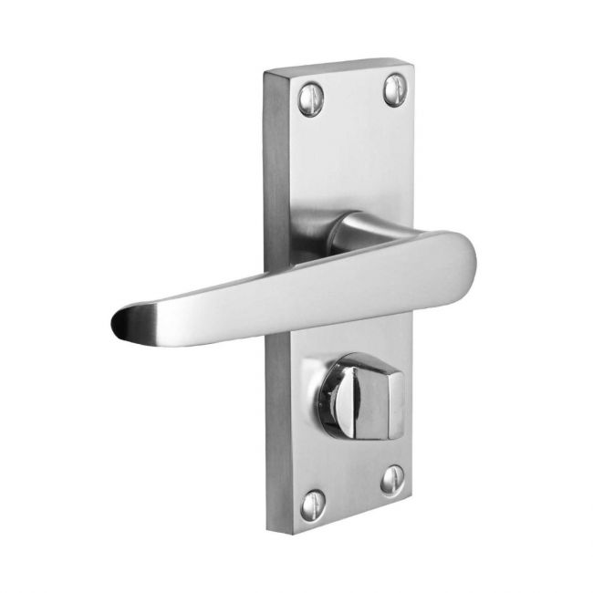 The Polished Chrome Victorian Straight Bathroom Door Handles - Lever Lock Pair with Thumb Turn on a White Background