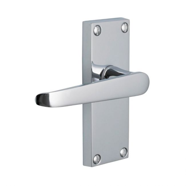 The Polished Chrome Victorian Straight Door Handles - 115mm Lever Latch Pair on a White Background
