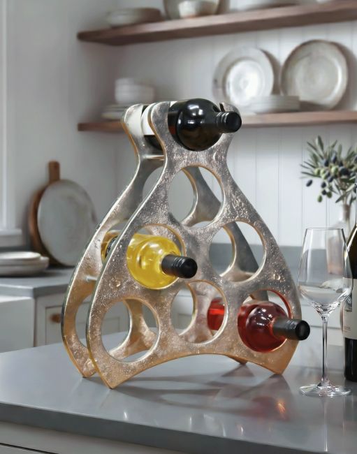The Polished Nickel "Wine Lodge" Wine Rack Positioned on a Kitchen Island in a Modern Home - Digital Illustration The Polished Nickel "Wine Lodge" Wine Rack Positioned on a Kitchen Island in a Modern Home - Digital Illustration