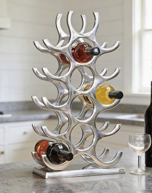The Polished Nickel "Branches" 15 Bottle Wine Rack on a Contemporary Kitchen Countertop - Digital Illustration 