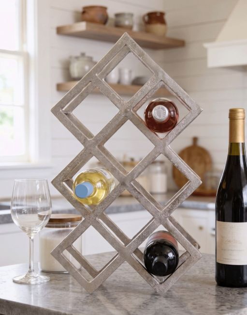 The Polished Nickel "Geometric" 9 Bottle Wine Rack In a Luxury Modern Kitchen Next to a Wine Bottle - Digital Illustration The Polished Nickel "Geometric" 9 Bottle Wine Rack In a Luxury Modern Kitchen Next to a Wine Bottle - Digital Illustration