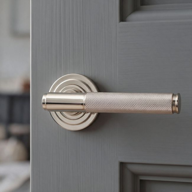 The Polished Nickel Knurled Lever on Art Deco Rose Set on a White Background 
