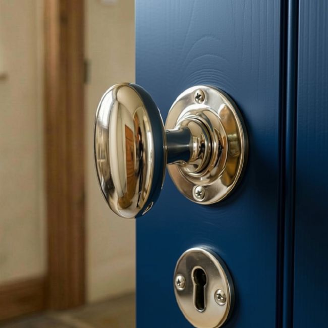 The Polished Nickel Oval Door Knob Set on a Blue Wooden Door inside a Modern Home - Digital Illustration 