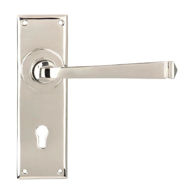 The Polished Nickel Sleek Architectural Lever Lock Door Handle Set on Plain Backplate