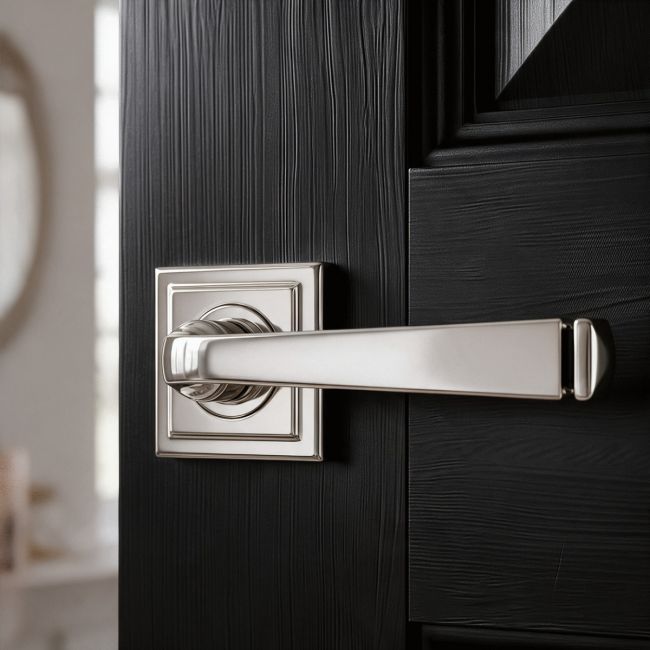 The Polished Nickel Tapered Lever on Square Rose Set on a White Background 
