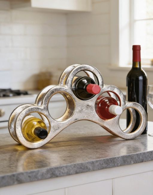 The Polished Nickel "The Arch" Wine Rack in a Luxurious Modern Kitchen with Wine Bottles inserted in the Holders - Digital Illustration The Polished Nickel "The Arch" Wine Rack in a Luxurious Modern Kitchen with Wine Bottles inserted in the Holders - Digital Illustration