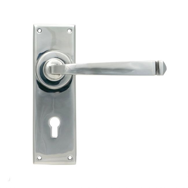 Sleek Architectural Lever Lock Door Handle Set on Plain Backplate - Polished Stainless Steel