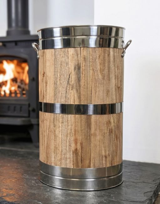 Polished Steel "Hofburg" Wooden Log Basket in Situ Polished Steel "Hofburg" Wooden Log Basket in Situ