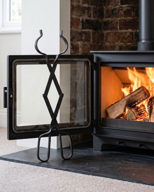 The “Prism” Steel Fire Place Tongs Leaned up against a Log basket with a Modern Log Burner in the Background - Digital Illustration