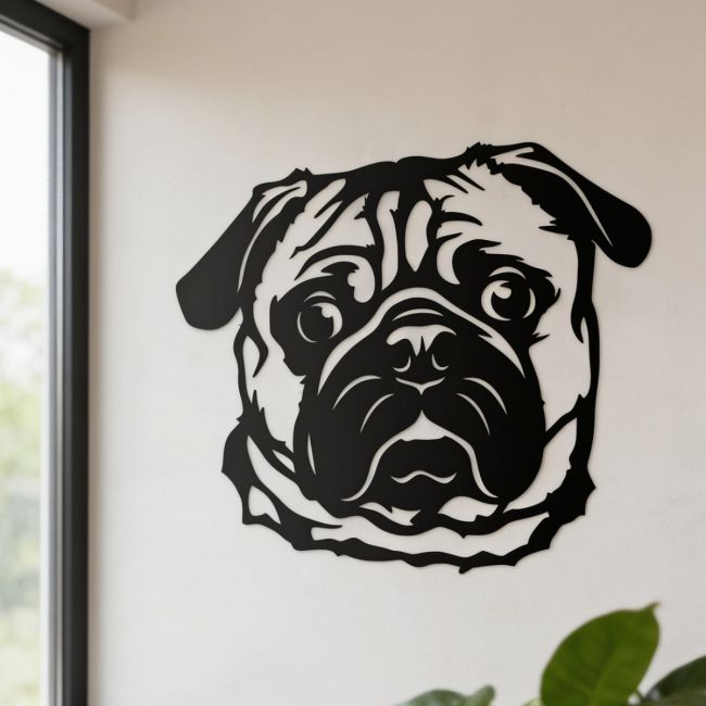Metal Pug Wall Art on a Grey Wall Metal Pug Wall Art on a Grey Wall