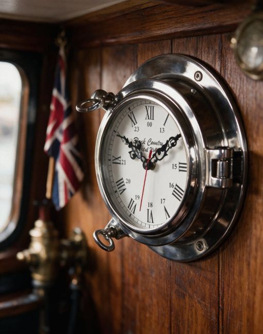 The “Quartermaster ” Ships "Bulkhead" Clock Mounbted on a Wooden Clad Wall inside a Canal Boat - Digital Illustration