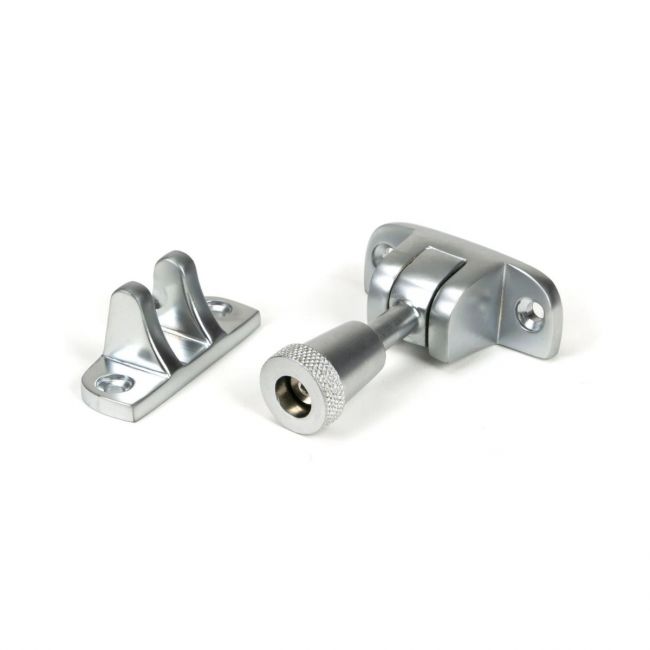 The Radiused Knurled Brighton Sash Window Fastener in Satin Chrome on a White Background The Radiused Knurled Brighton Sash Window Fastener in Satin Chrome on a White Background