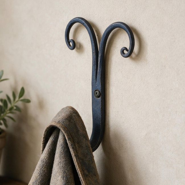 The "Rams Horn" Scrolled Iron Coat hook Shown on a Wall with a Coat Hung up on it - Digital Illustration The "Rams Horn" Scrolled Iron Coat hook Shown on a Wall with a Coat Hung up on it - Digital Illustration