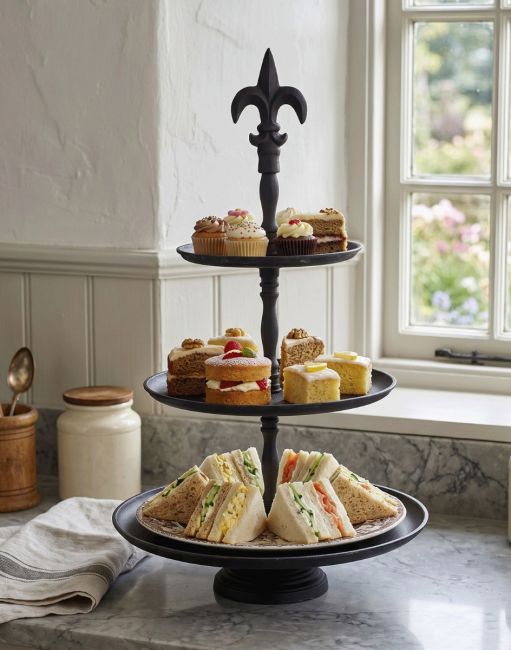 The “Ravensmoore Hall” Fleur De Lys Cake Stand on a Marble Counter Top in a Country Kitchen - Digital Illustration