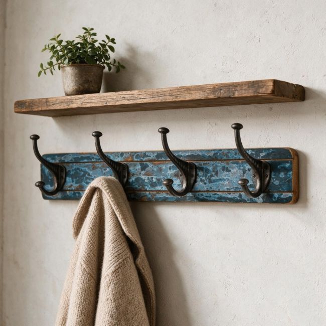 The Reclaimed Wood & Iron Coat Hooks Mounted on a Cream Wall Under a Timber Shelf - Digital Illustration The Reclaimed Wood & Iron Coat Hooks Mounted on a Cream Wall Under a Timber Shelf - Digital Illustration