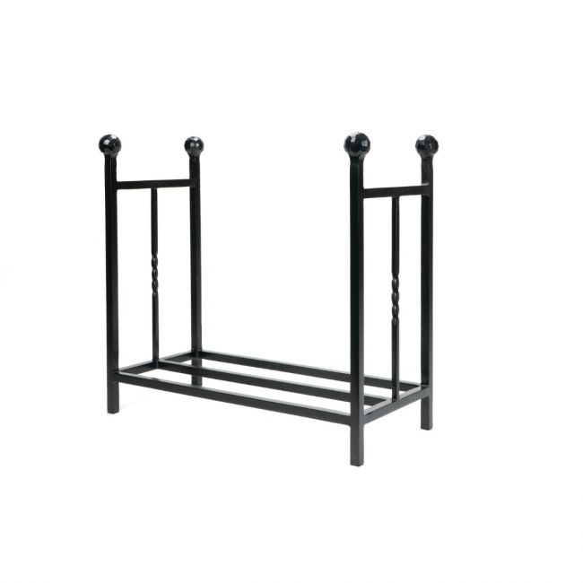 The Rectangular Fireside Log Holder with Ball Finials in Matt Black Shown from an Angle on a White Background