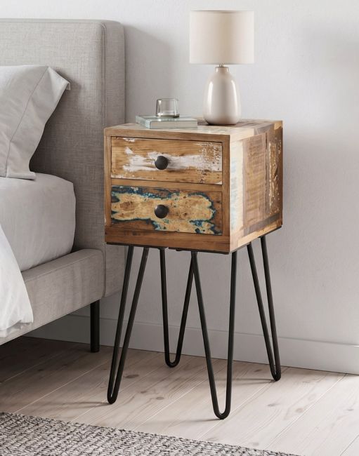 The Recycled Wood 2 Drawer Bedside Table Next to a Bed in a Modern Bedroom - Digital Illustration