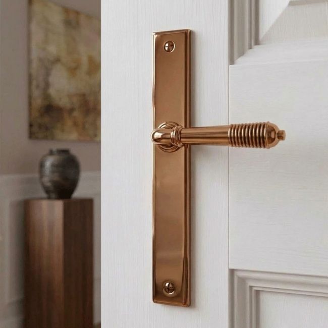 The Reeded Slimline Lever Espagnolette Door Latch in Polished Bronze on a White Background 