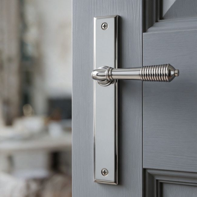 Reeded Slimline Lever Espagnolette Door Latch in Polished Chrome on a White Background 