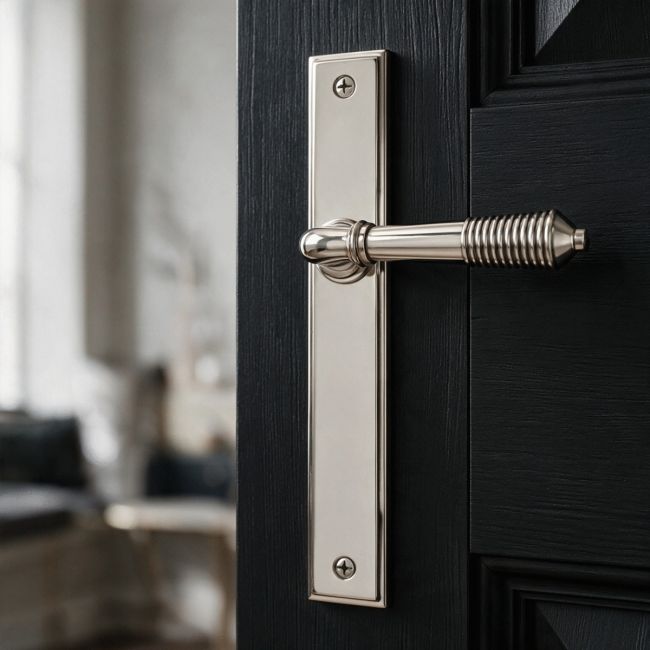 The Reeded Slimline Lever Espagnolette Door Latch in Polished Nickel on a White Background 