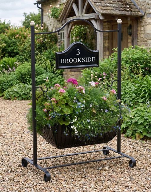 "Reltmure Manor" Hanging Sign and Planter - Vinyl Lettering