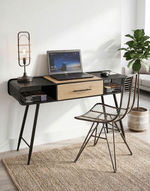 The Retro Style Metal & Fir Wood Desk Used as Work From Home Office Desk in a Modern Home - Digital Illustration