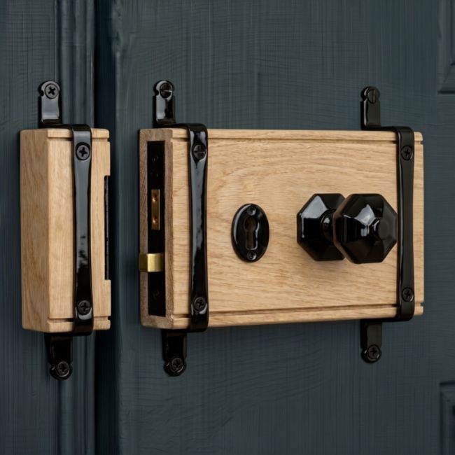 Oak & Black Iron Rim Lock and Knob Set - Thumbnail