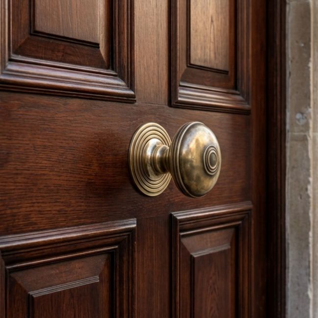 The Ribbed Antique Brass Centre Door Knob Set on a Grand Front Door Entrance - Digital Illustration The Ribbed Antique Brass Centre Door Knob Set on a Grand Front Door Entrance - Digital Illustration
