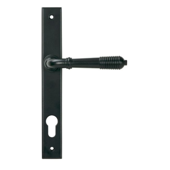 The Ribbed Slimline Exterior Door Handle in a Matt Black Finish Showing the Front